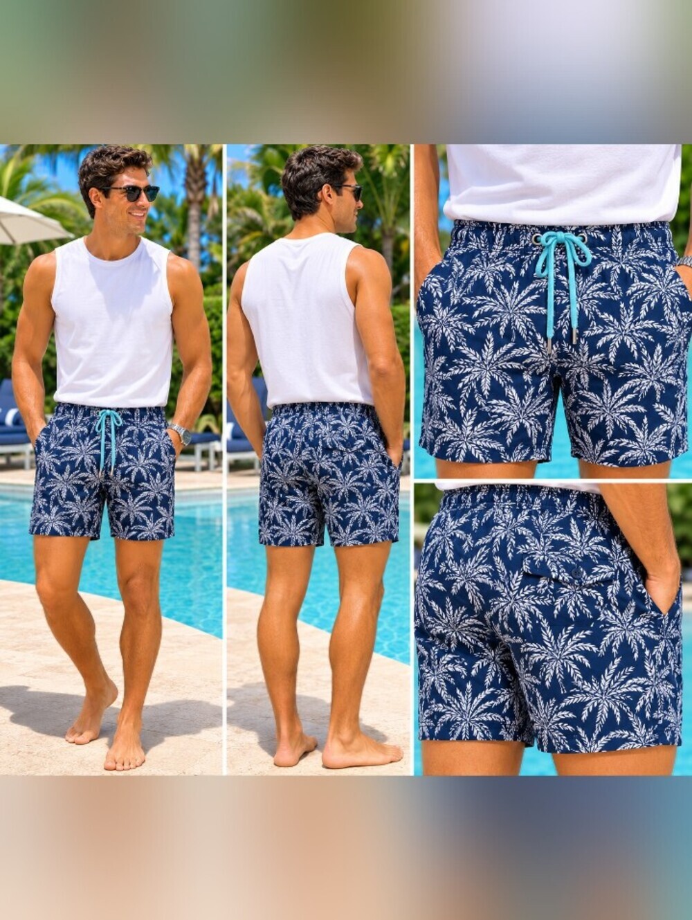 J. CREW FLEX SWIMWEAR Men's Palm Tree Blue/White  Size Large